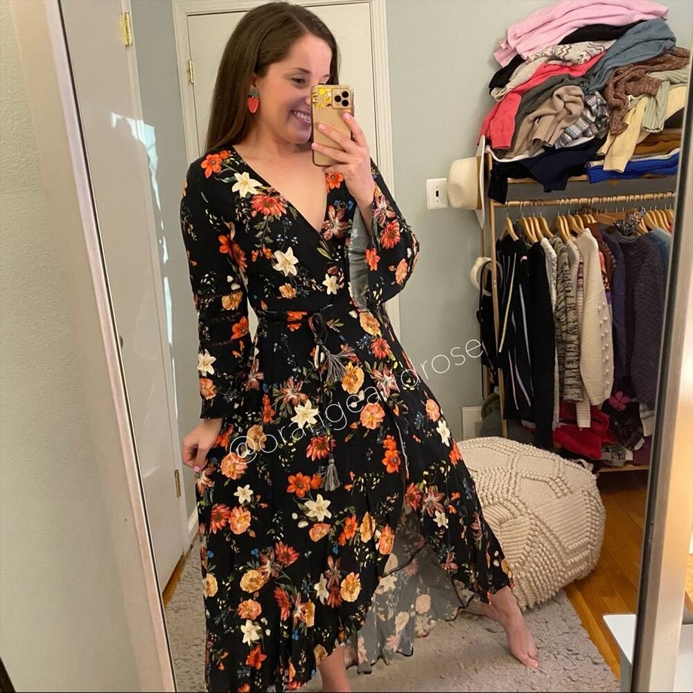 FARM Rio Brazil Black Floral Wrap Front Long Sleeve Maxi Dress Tropical XS - Picture 12 of 16